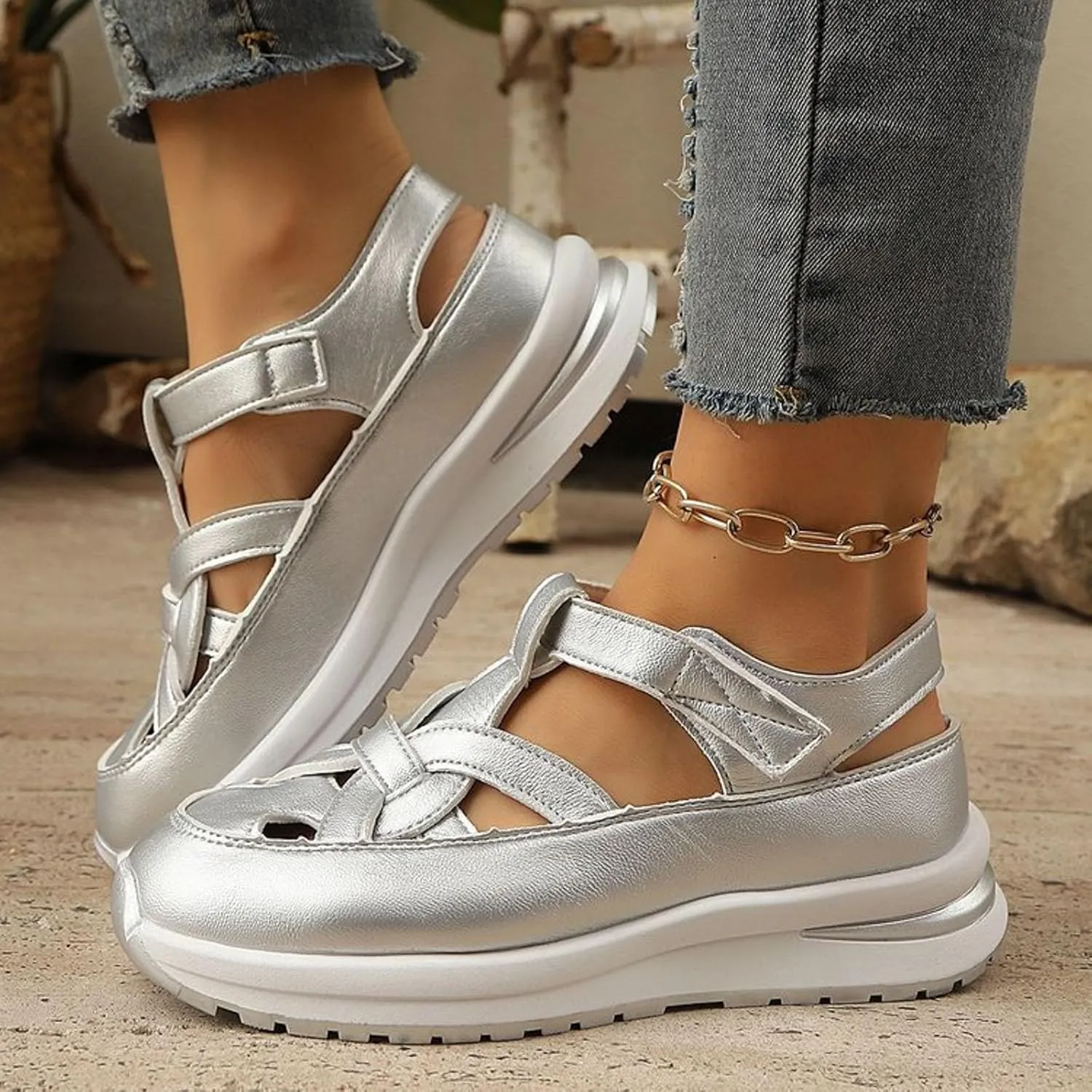 Fanyil Women's Plus Size Hollow-Out Closed Toe Wedge Sandals Height-Boosting Thick Sole