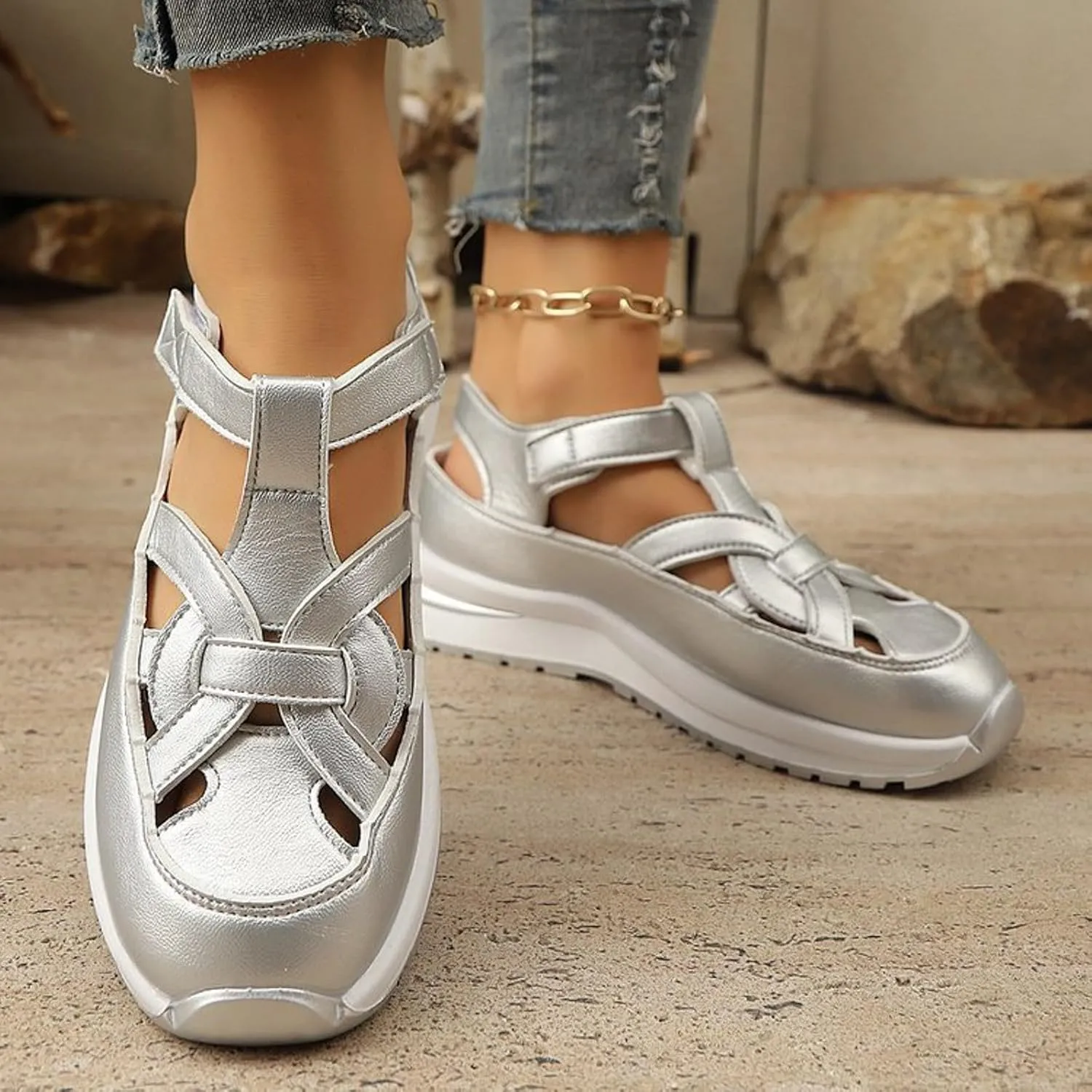 Fanyil Women's Plus Size Hollow-Out Closed Toe Wedge Sandals Height-Boosting Thick Sole