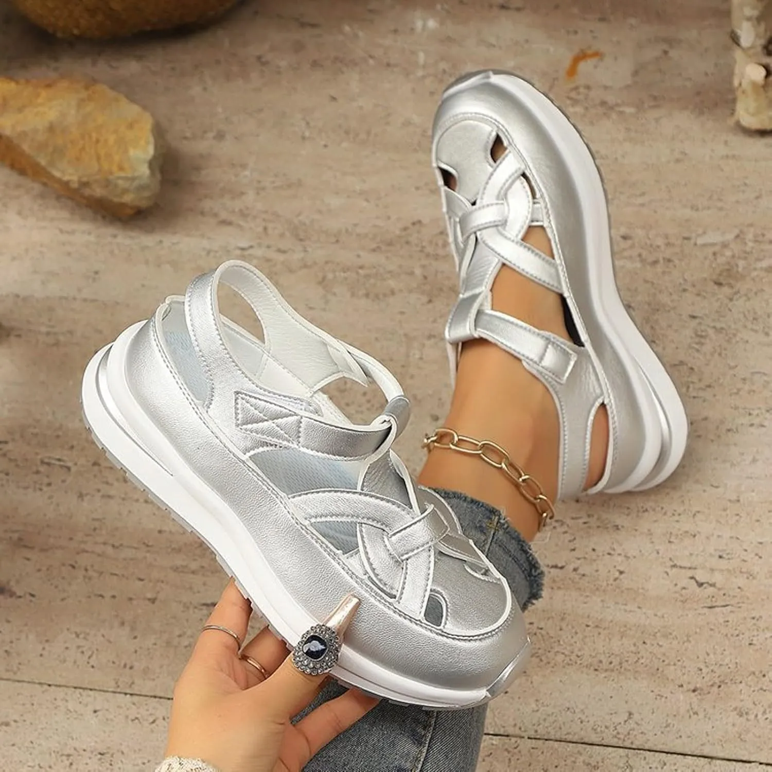Fanyil Women's Plus Size Hollow-Out Closed Toe Wedge Sandals Height-Boosting Thick Sole