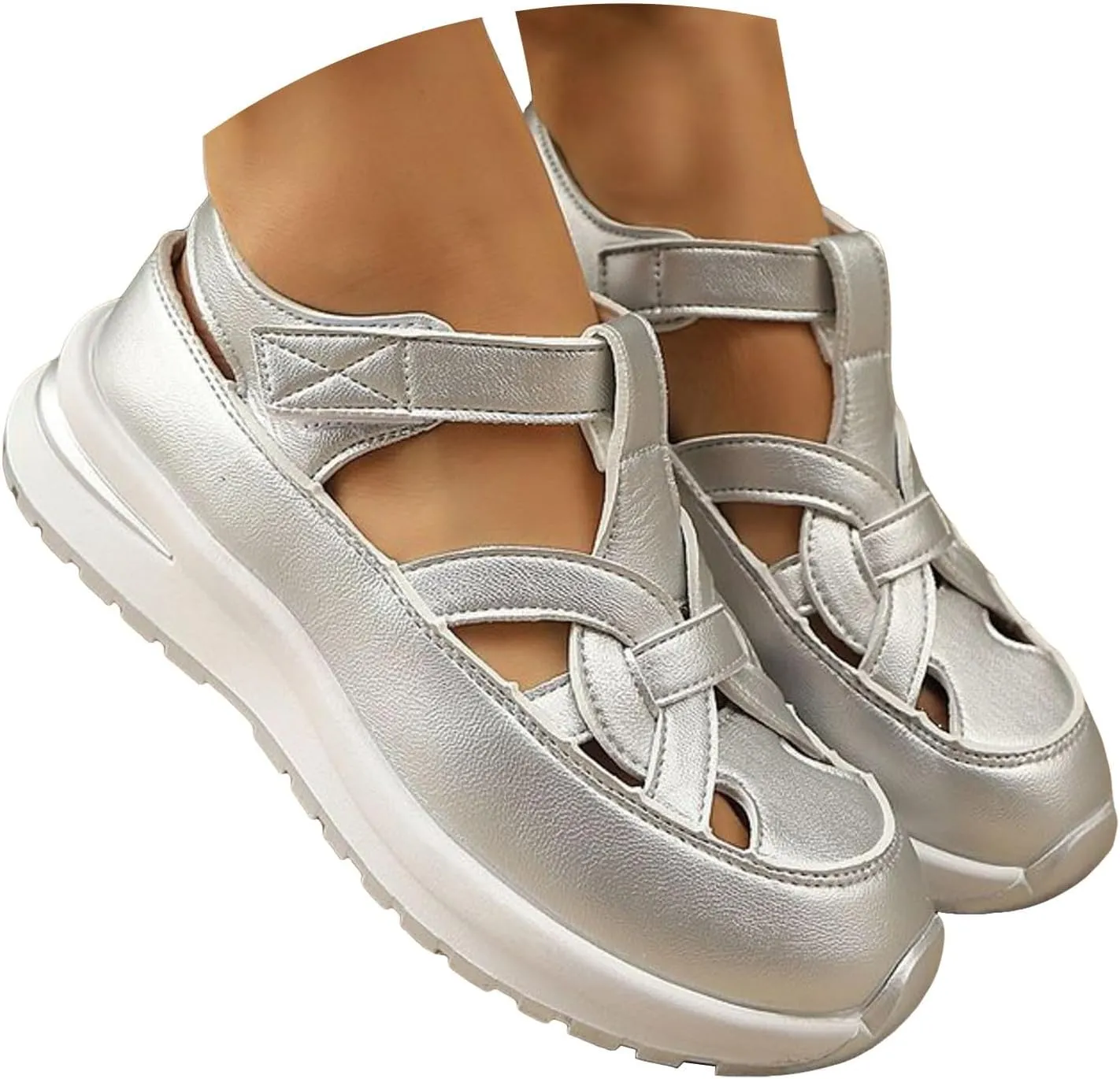 Fanyil Women's Plus Size Hollow-Out Closed Toe Wedge Sandals Height-Boosting Thick Sole