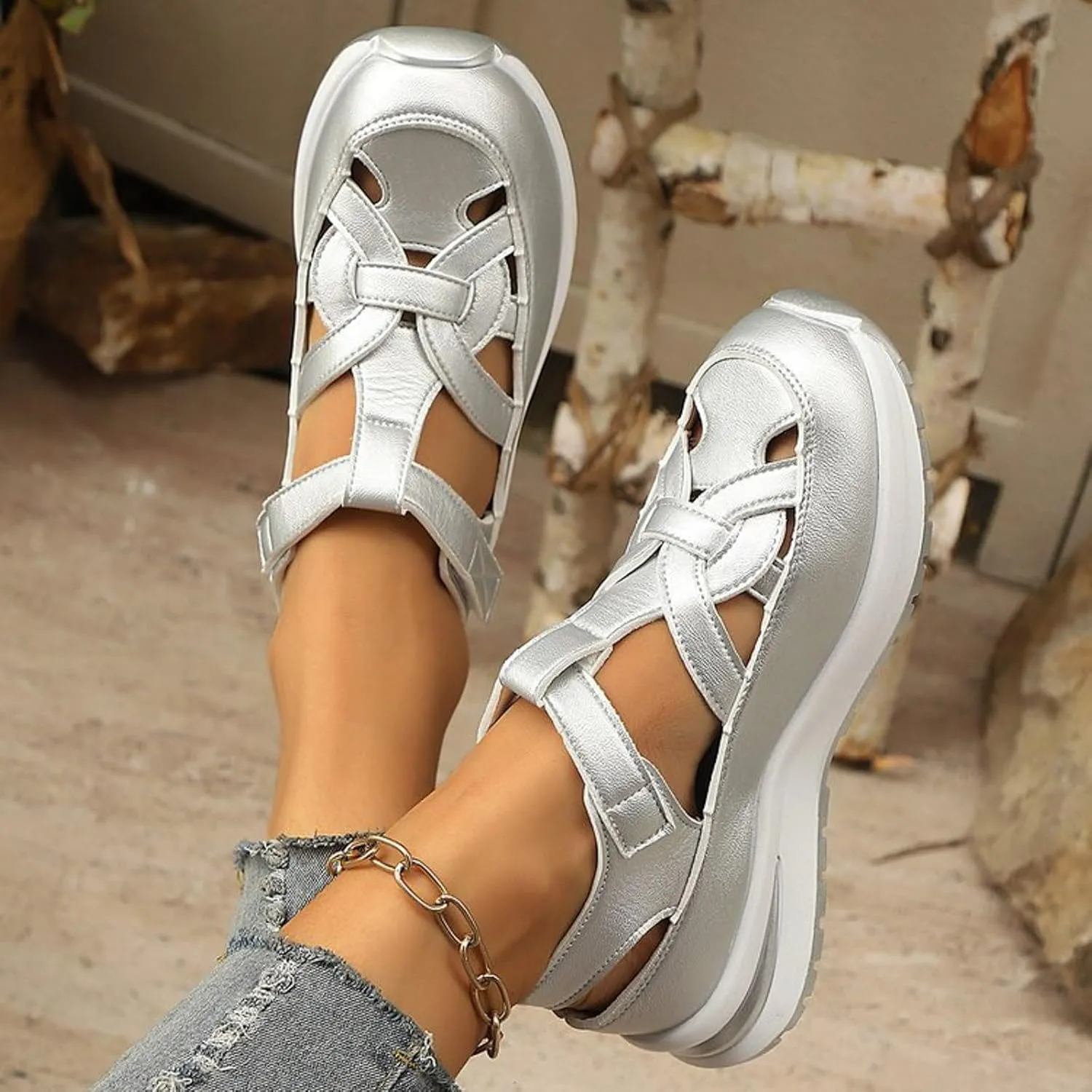 Fanyil Women's Plus Size Hollow-Out Closed Toe Wedge Sandals Height-Boosting Thick Sole