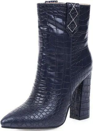 Fashion Women Block High Heels Western Boots Ankle High Crocodile Pattern Booties Zipper Low Boots