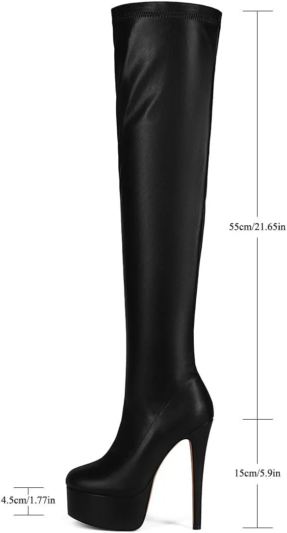 Fashion Women's Over Knee High Stiletto Platform Heel Boots Night Sexy Black Leather Thigh High Boots