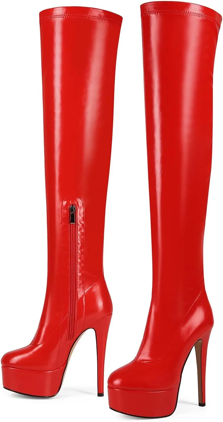 Fashion Women's Over Knee High Stiletto Platform Heel Boots Night Sexy Black Leather Thigh High Boots