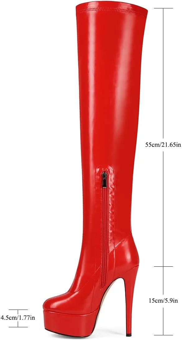 Fashion Women's Over Knee High Stiletto Platform Heel Boots Night Sexy Black Leather Thigh High Boots