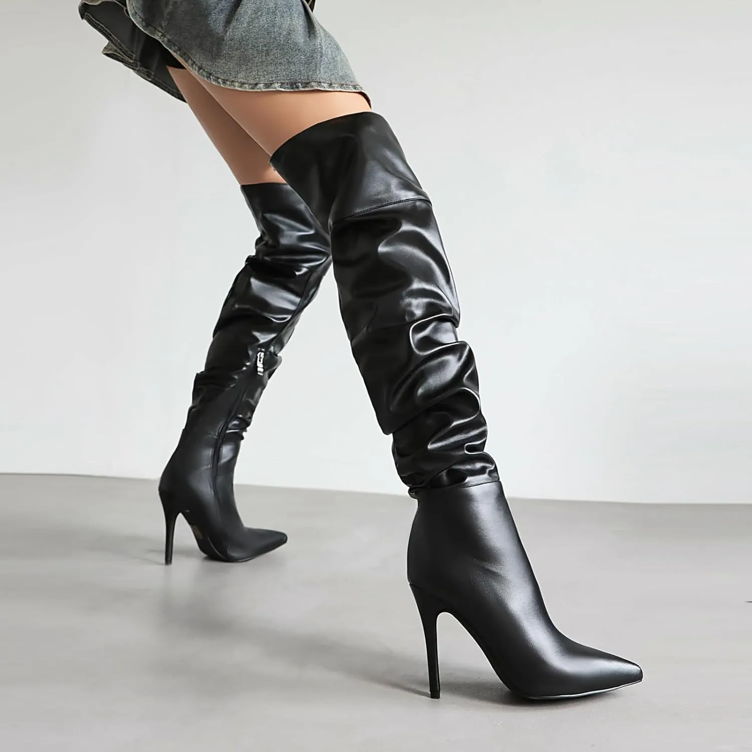 Feinlina Black Over The Knee Thigh High Boots For Women Sexy Pointed Toe Side Zipper Leather Pleaser Boots