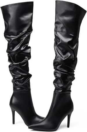 Feinlina Black Over The Knee Thigh High Boots For Women Sexy Pointed Toe Side Zipper Leather Pleaser Boots