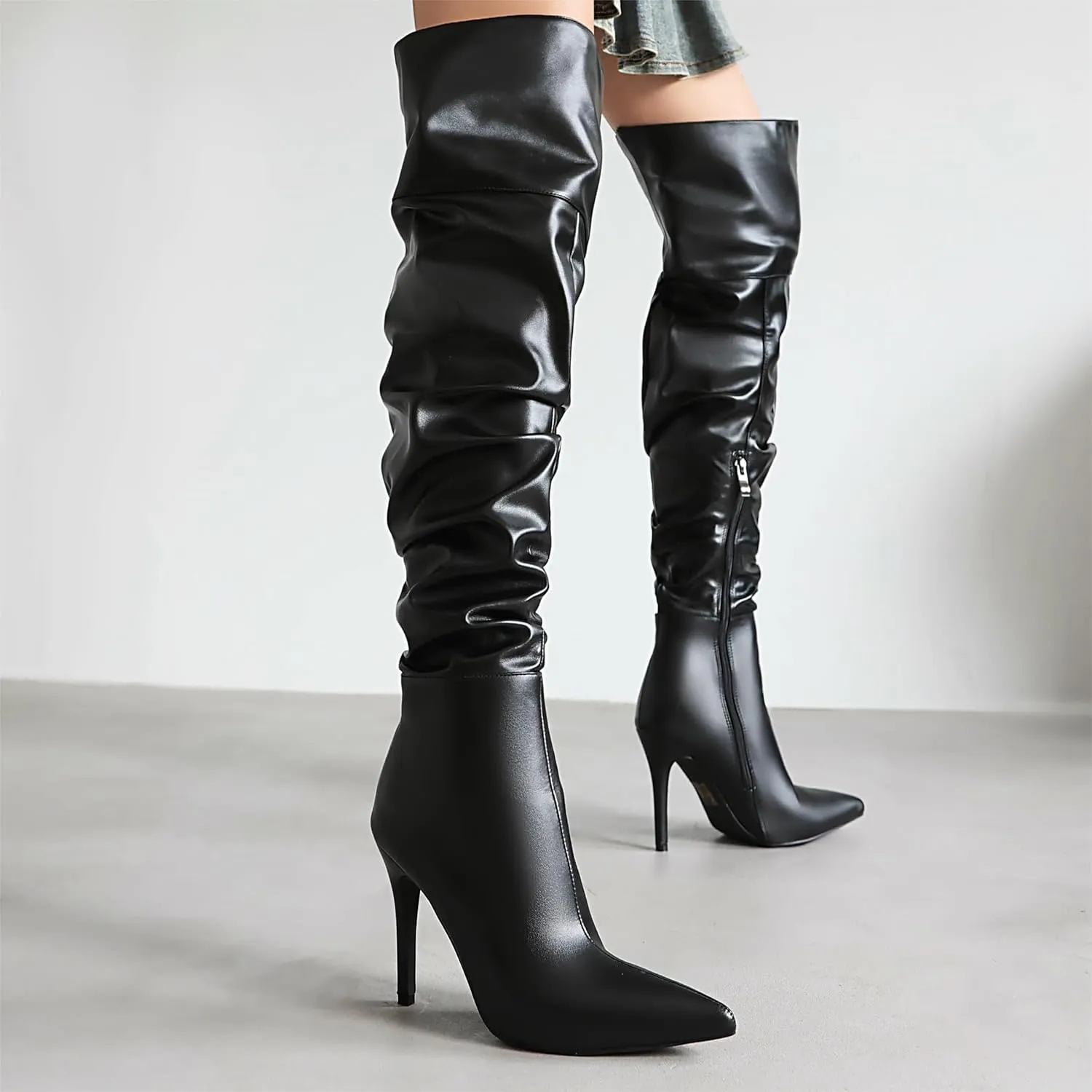Feinlina Black Over The Knee Thigh High Boots For Women Sexy Pointed Toe Side Zipper Leather Pleaser Boots