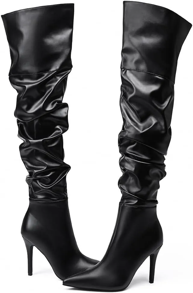 Feinlina Black Over The Knee Thigh High Boots For Women Sexy Pointed Toe Side Zipper Leather Pleaser Boots