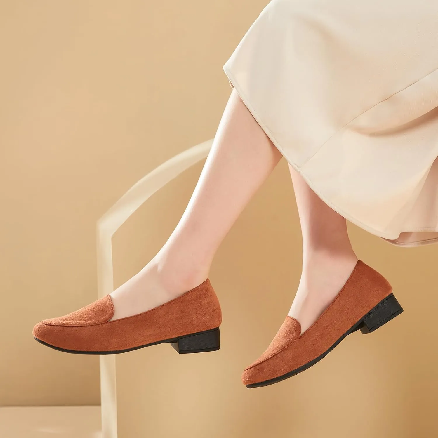 FINIWOR Womens Black Chunky Low Heel Pumps Suede Dress Flats Shoes Comfortable Work Loafers Business Office Shoes