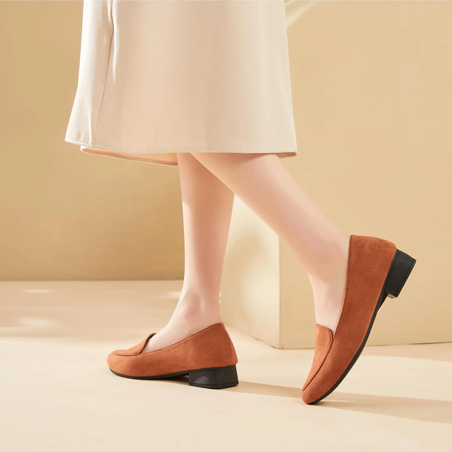 FINIWOR Womens Black Chunky Low Heel Pumps Suede Dress Flats Shoes Comfortable Work Loafers Business Office Shoes