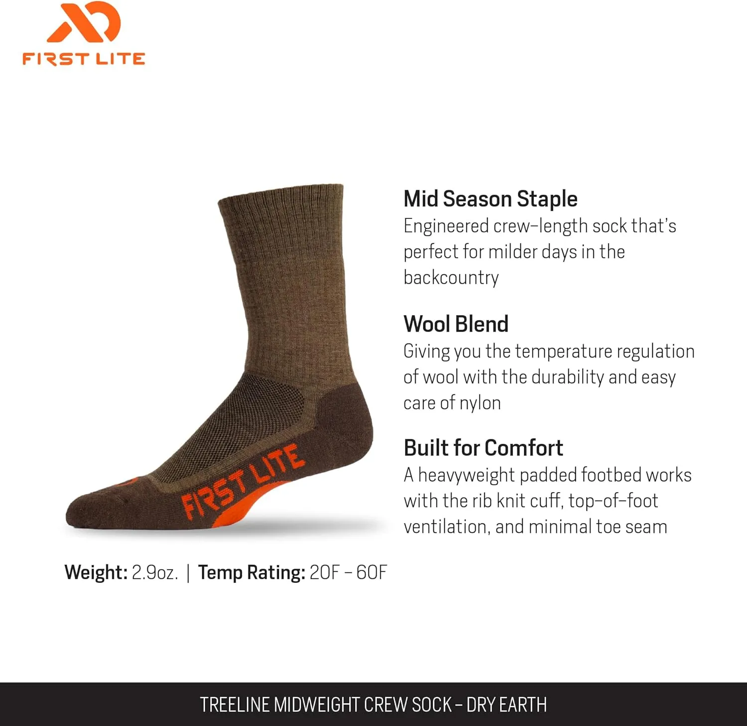 First Lite Treeline Midweight Crew Sock - Midweight Merino Wool Hunting Socks