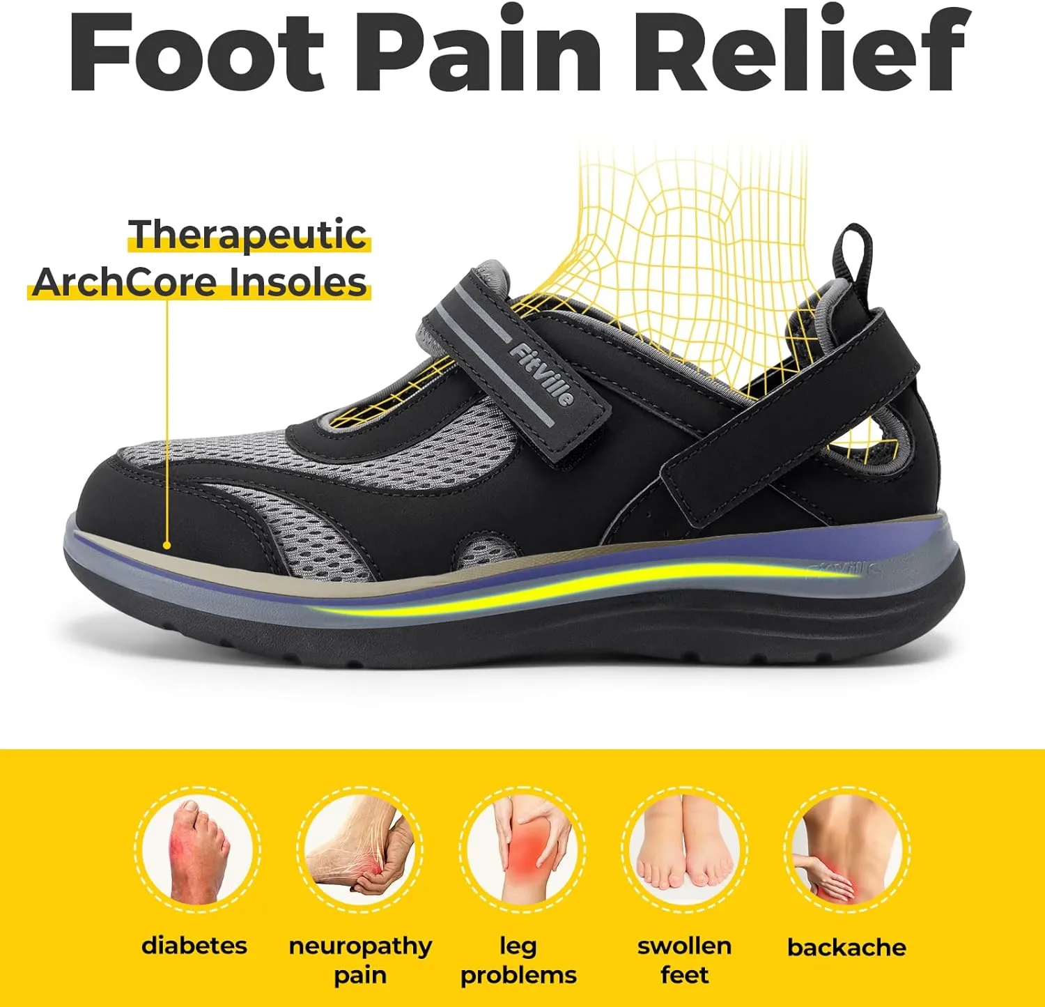 FitVille Diabetic Shoes for Women Extra Wide Width Diabetic Womens Sandals, Walking Shoes with Adjustable Closures Arch Support, Orthopedic Sandals for Flat Feet Heel Pain Relief,Plantar Fasciitis