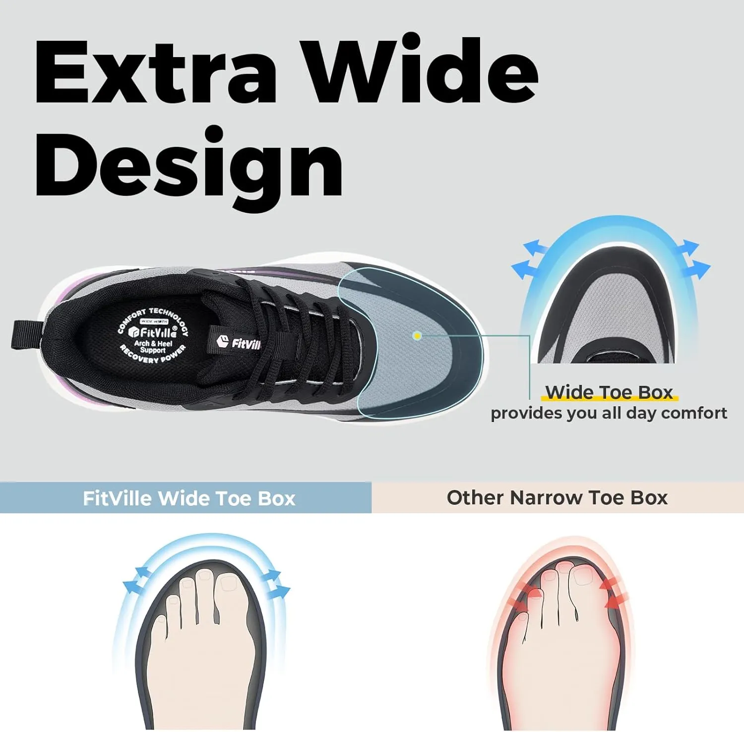 FitVille Wide Width Sneakers for Women Extra Wide Cross Training Shoes Athletic Shoes Workout Gym Shoes with Arch Support