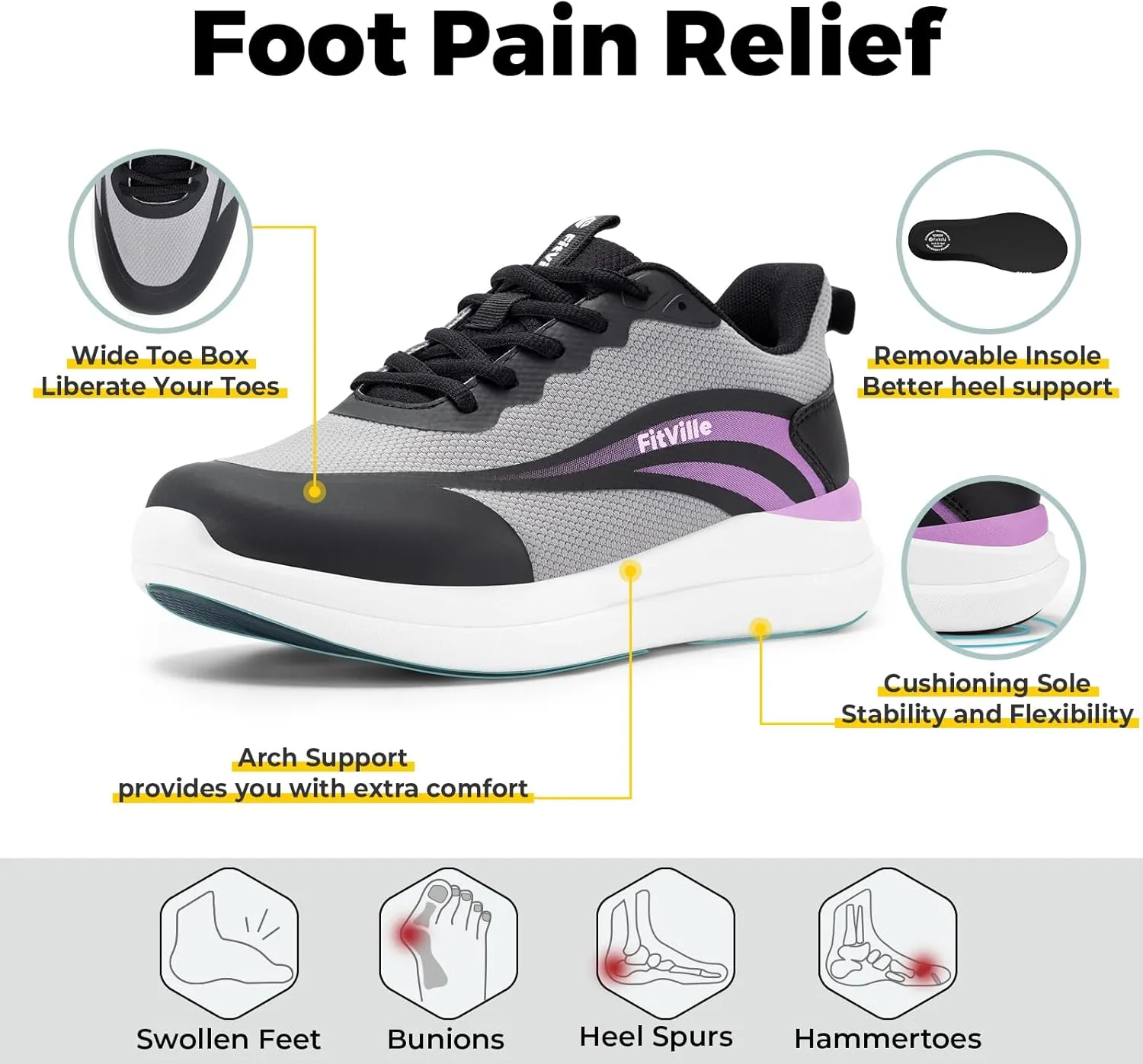 FitVille Wide Width Sneakers for Women Extra Wide Cross Training Shoes Athletic Shoes Workout Gym Shoes with Arch Support