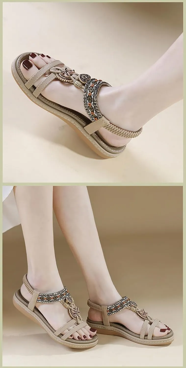Flat Sandals for Women Fashion Summer Comfortable Slip-on Casual Beach Shoes Dress Strap Elastic Sandals