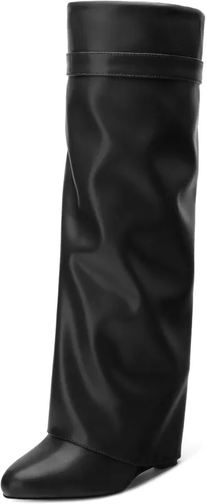Fold Over Wedge Boots for Women Knee High Zipper Round Toe Tall Boots Wide Calf High Heel Long Boots