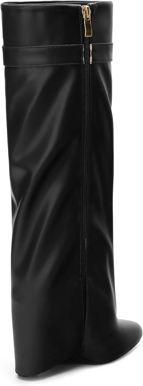 Fold Over Wedge Boots for Women Knee High Zipper Round Toe Tall Boots Wide Calf High Heel Long Boots