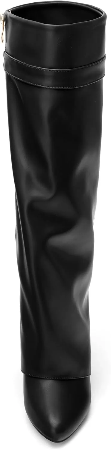 Fold Over Wedge Boots for Women Knee High Zipper Round Toe Tall Boots Wide Calf High Heel Long Boots