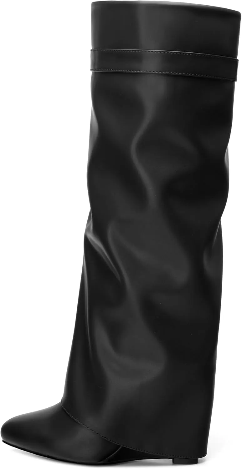 Fold Over Wedge Boots for Women Knee High Zipper Round Toe Tall Boots Wide Calf High Heel Long Boots
