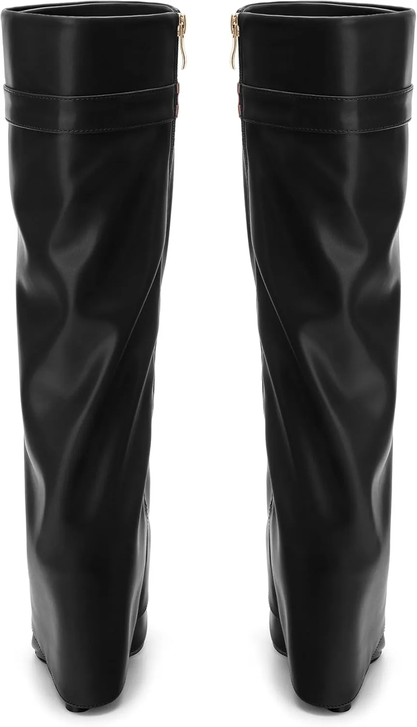 Fold Over Wedge Boots for Women Knee High Zipper Round Toe Tall Boots Wide Calf High Heel Long Boots