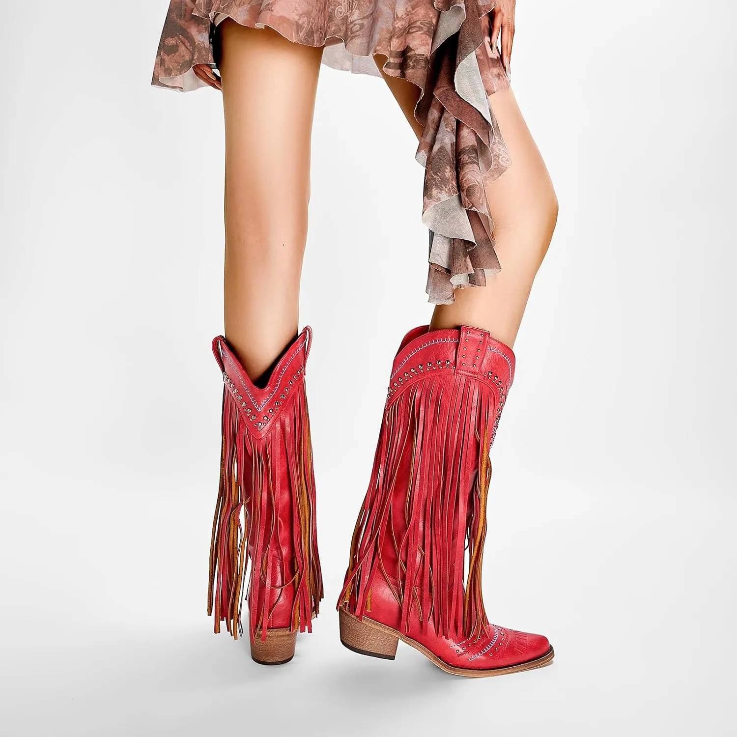 Fringe Cowboy Boots for Women Wide Calf Embroidered Tassal Cowgirl Boot Knee High Snip Toe Pull On Western Shoes