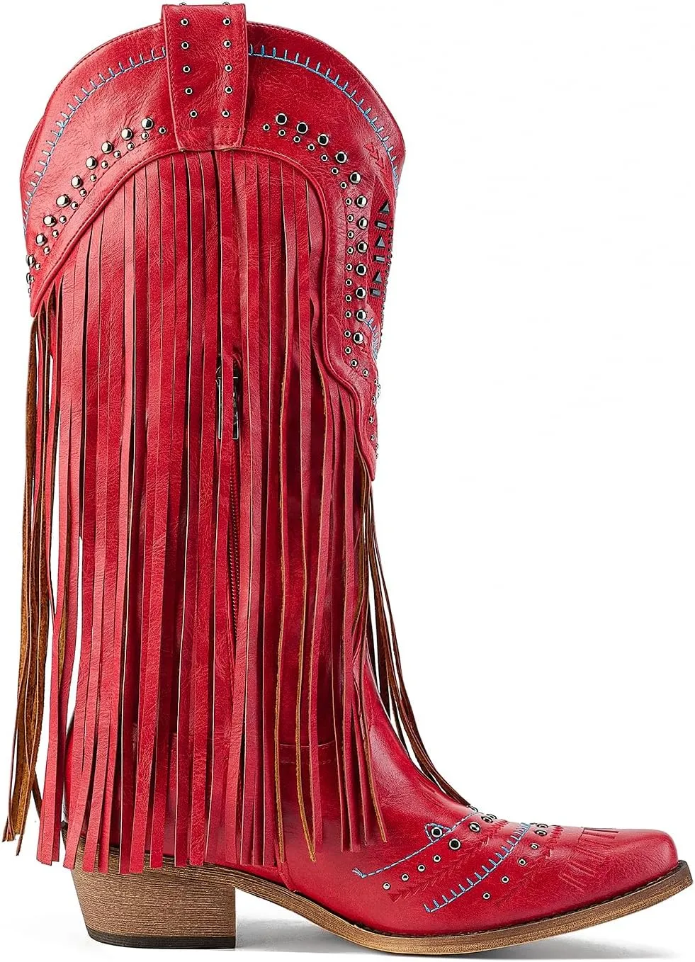 Fringe Cowboy Boots for Women Wide Calf Embroidered Tassal Cowgirl Boot Knee High Snip Toe Pull On Western Shoes