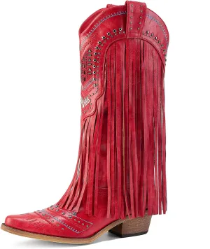 Fringe Cowboy Boots for Women Wide Calf Embroidered Tassal Cowgirl Boot Knee High Snip Toe Pull On Western Shoes