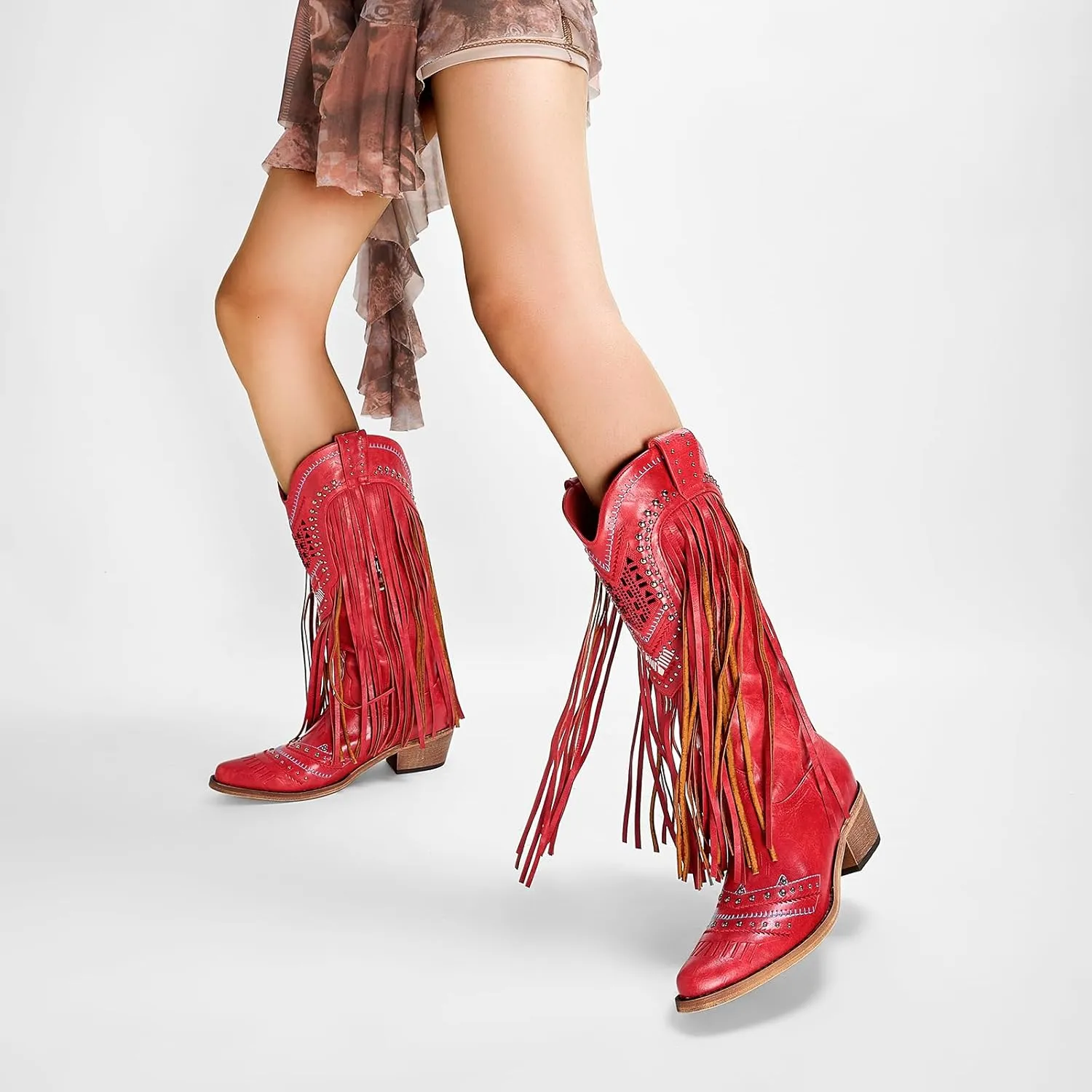 Fringe Cowboy Boots for Women Wide Calf Embroidered Tassal Cowgirl Boot Knee High Snip Toe Pull On Western Shoes