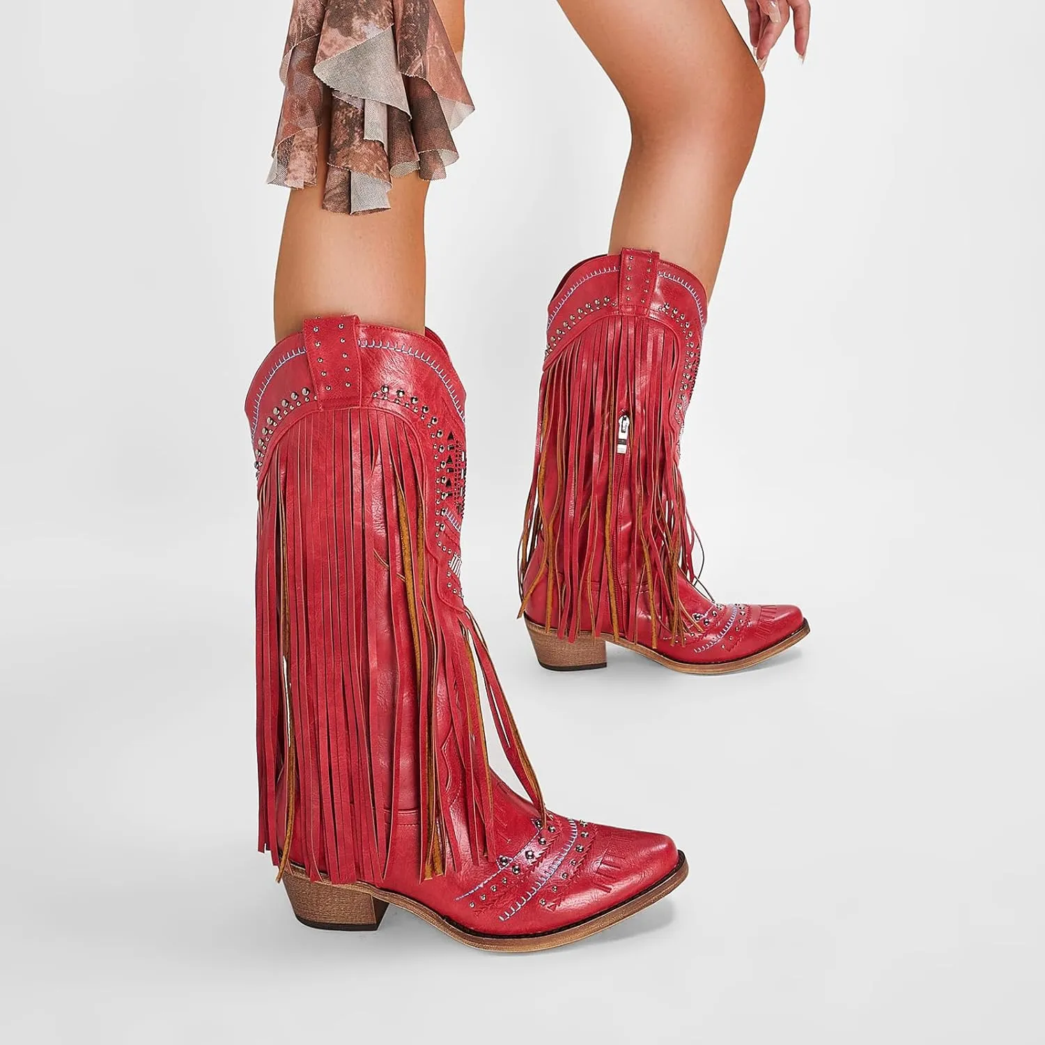 Fringe Cowboy Boots for Women Wide Calf Embroidered Tassal Cowgirl Boot Knee High Snip Toe Pull On Western Shoes