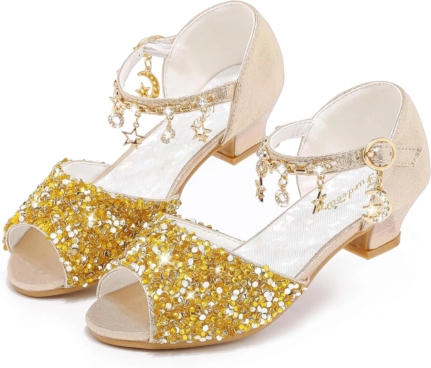Furdeour Sparkly Girls Dress Shoes Princess Shoes High Heels Peep Toe Low Heel Glitter Toddler Big Kid Wedding Party