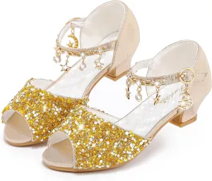 Furdeour Sparkly Girls Dress Shoes Princess Shoes High Heels Peep Toe Low Heel Glitter Toddler Big Kid Wedding Party