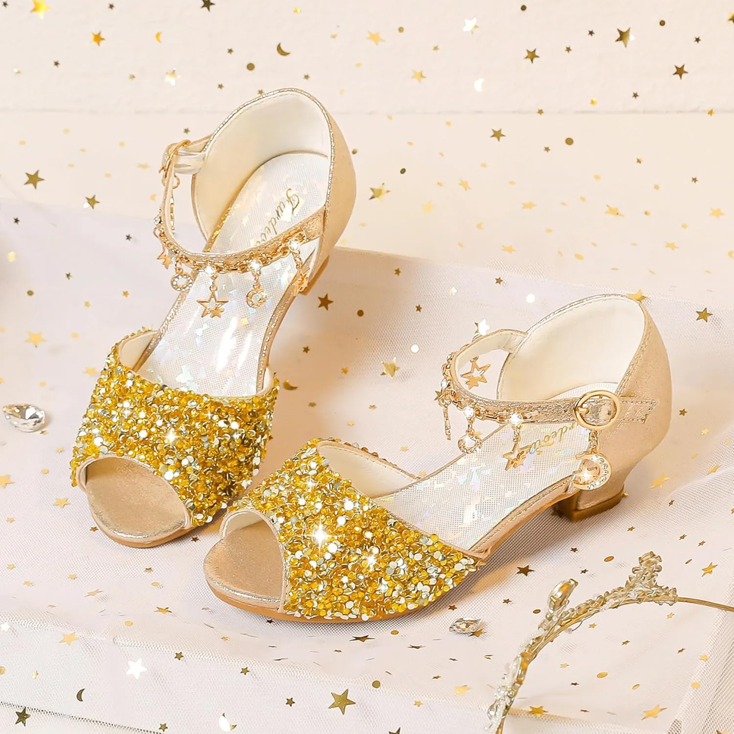 Furdeour Sparkly Girls Dress Shoes Princess Shoes High Heels Peep Toe Low Heel Glitter Toddler Big Kid Wedding Party
