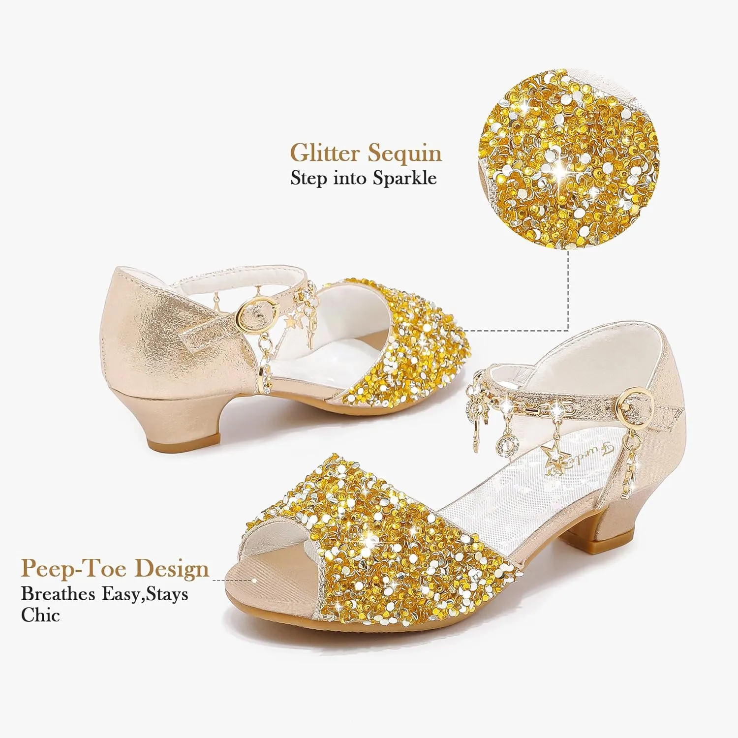 Furdeour Sparkly Girls Dress Shoes Princess Shoes High Heels Peep Toe Low Heel Glitter Toddler Big Kid Wedding Party