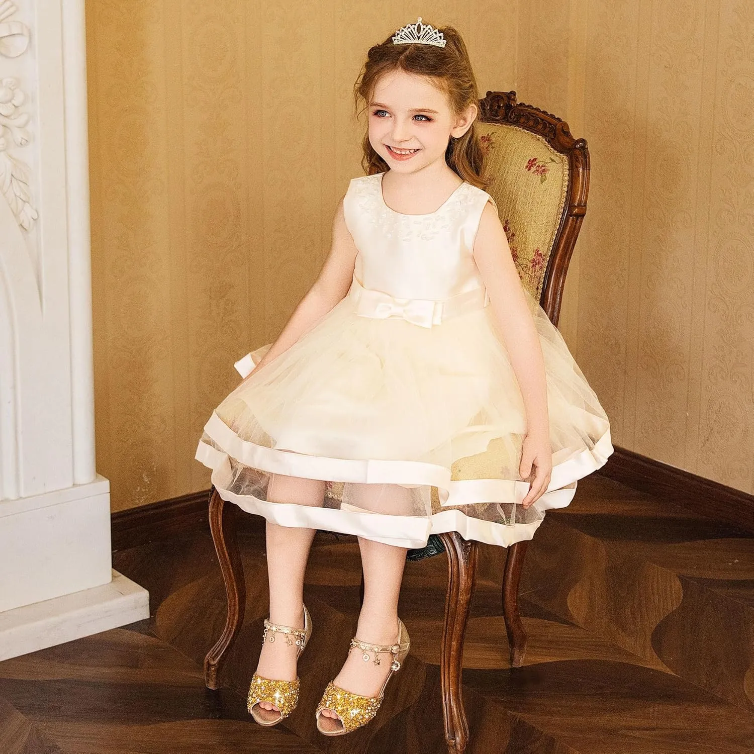 Furdeour Sparkly Girls Dress Shoes Princess Shoes High Heels Peep Toe Low Heel Glitter Toddler Big Kid Wedding Party