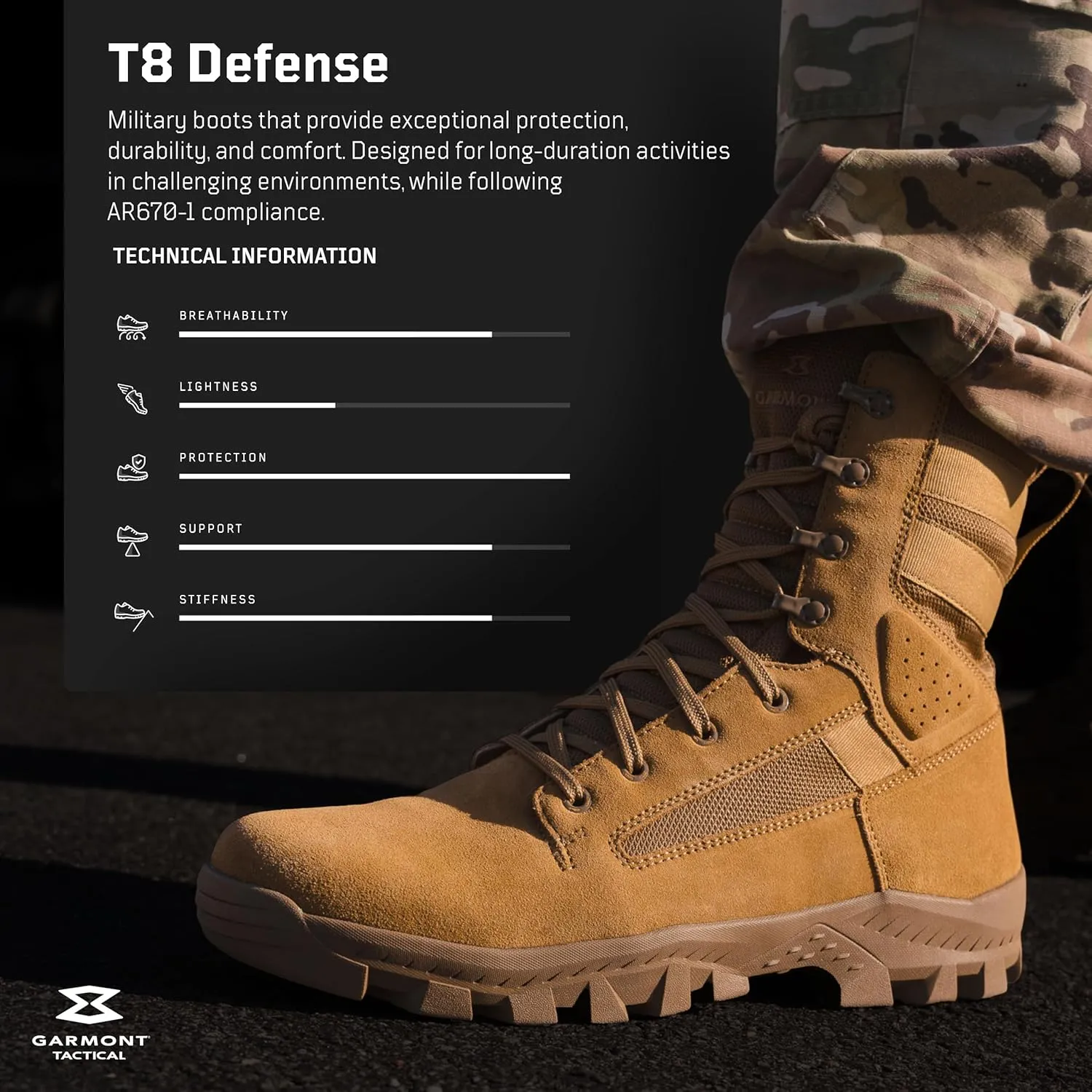 GARMONT TACTICAL T8 Defense Military Combat Boots for Men and Women, Army, Air Force, AR670-1 Compliant Footwear, Suede Leather, Regular