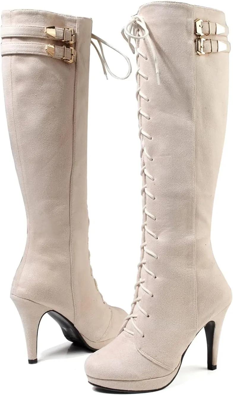getmorebeauty Womens Knee High Boots Suede Buckle Rock Lace Up Zipped Thigh High Heel Boots