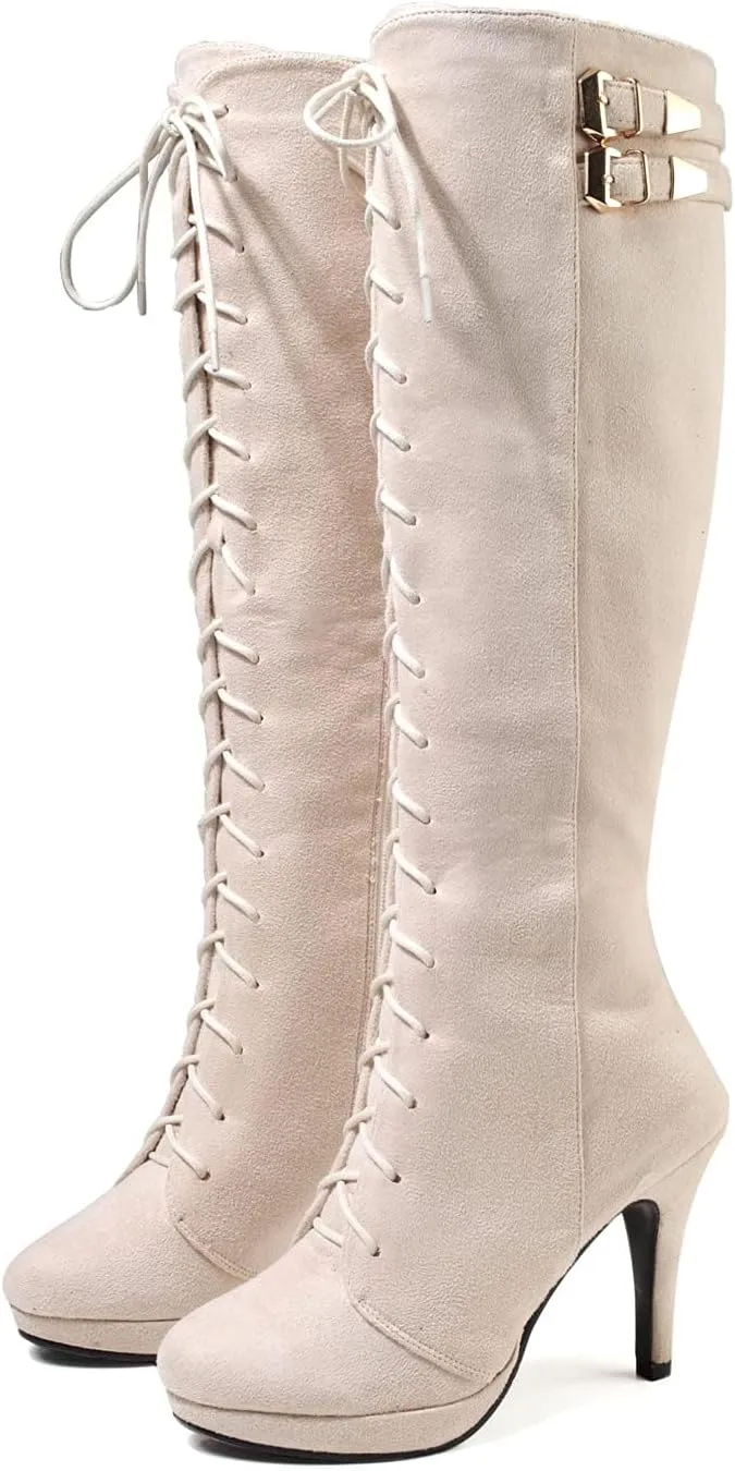 getmorebeauty Womens Knee High Boots Suede Buckle Rock Lace Up Zipped Thigh High Heel Boots
