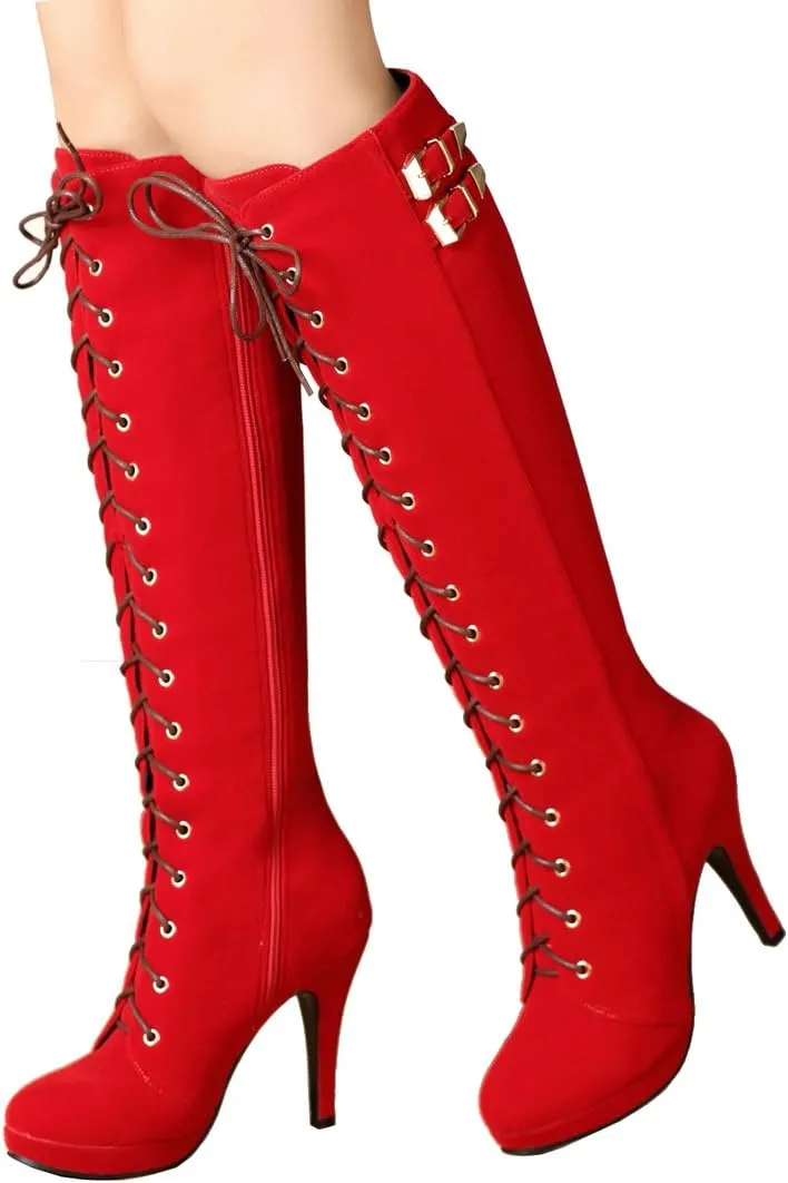 getmorebeauty Womens Knee High Boots Suede Buckle Rock Lace Up Zipped Thigh High Heel Boots