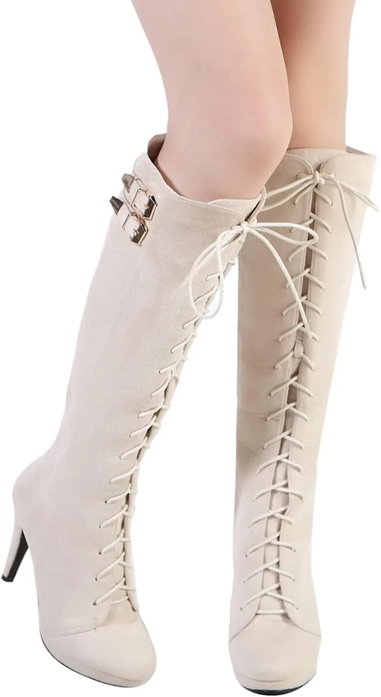 getmorebeauty Womens Knee High Boots Suede Buckle Rock Lace Up Zipped Thigh High Heel Boots