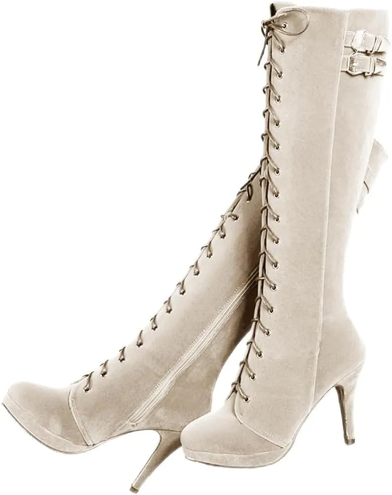 getmorebeauty Womens Knee High Boots Suede Buckle Rock Lace Up Zipped Thigh High Heel Boots