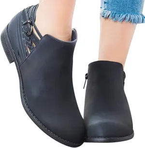 Gibobby Ankle Booties for Women Flat,Hollow Ankle Boots Low Chunky Block Stacked Heel Boots Slip On Pointed Toe Western Shoes