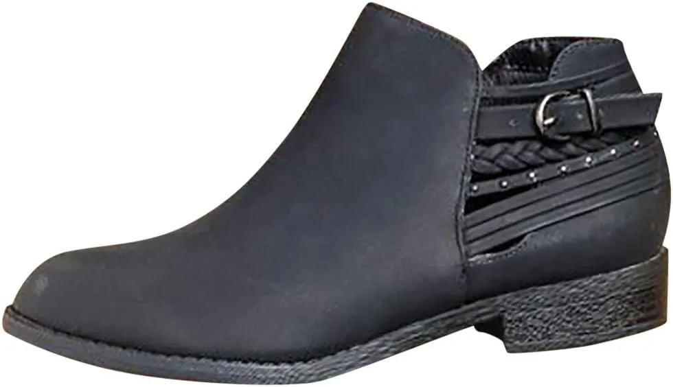Gibobby Ankle Booties for Women Flat,Hollow Ankle Boots Low Chunky Block Stacked Heel Boots Slip On Pointed Toe Western Shoes