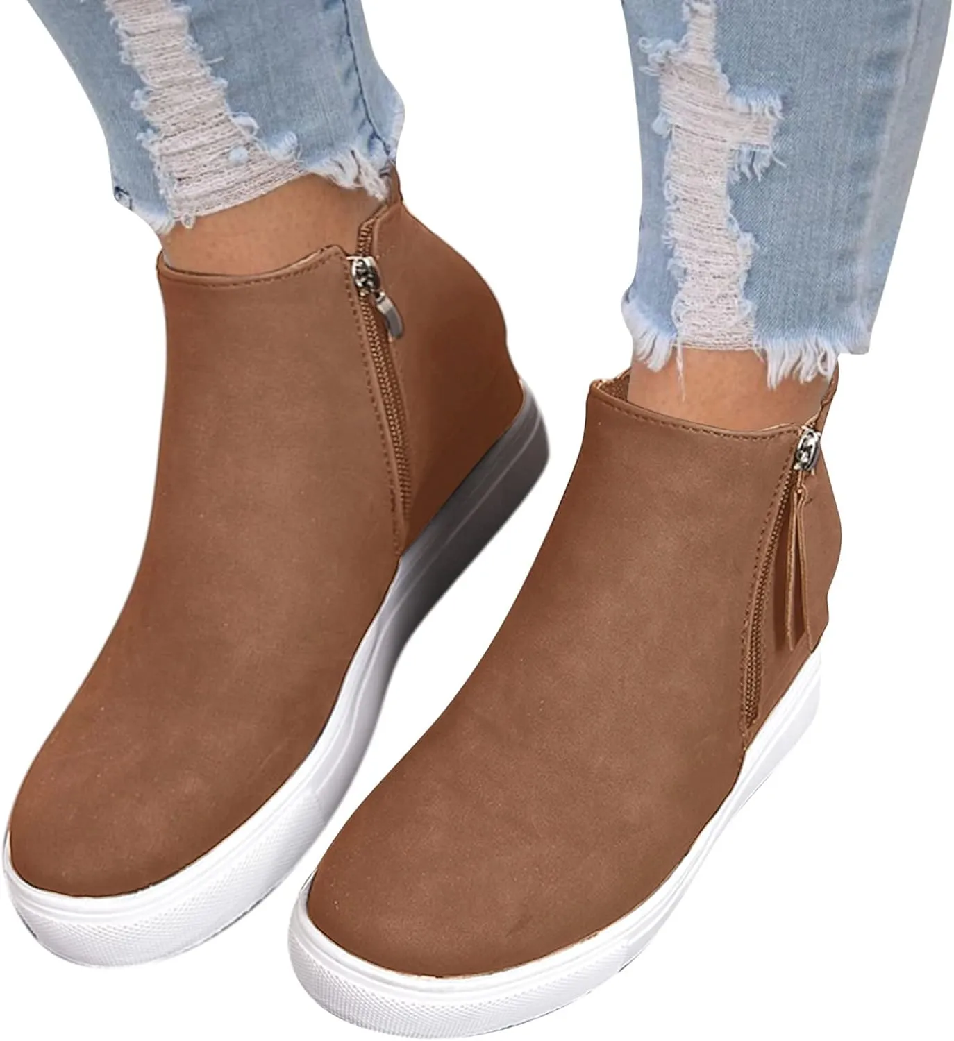 Gibobby Boots for Women Low Heel Womens Ankle Boots Pointed Toe Faux Stacked Chunky Heels Tassels Side Zipper Booties 52