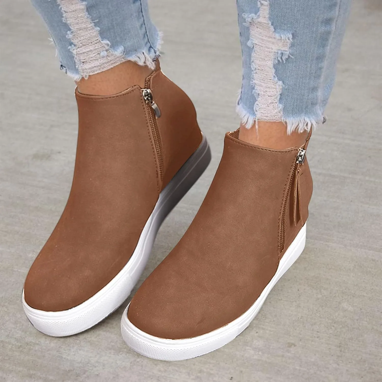 Gibobby Boots for Women Low Heel Womens Ankle Boots Pointed Toe Faux Stacked Chunky Heels Tassels Side Zipper Booties 52