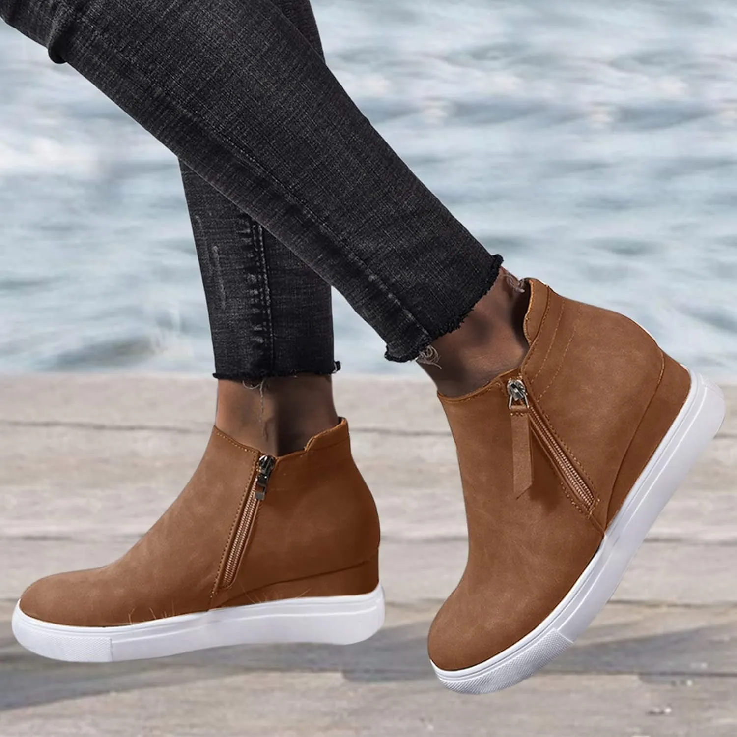 Gibobby Boots for Women Low Heel Womens Ankle Boots Pointed Toe Faux Stacked Chunky Heels Tassels Side Zipper Booties 52