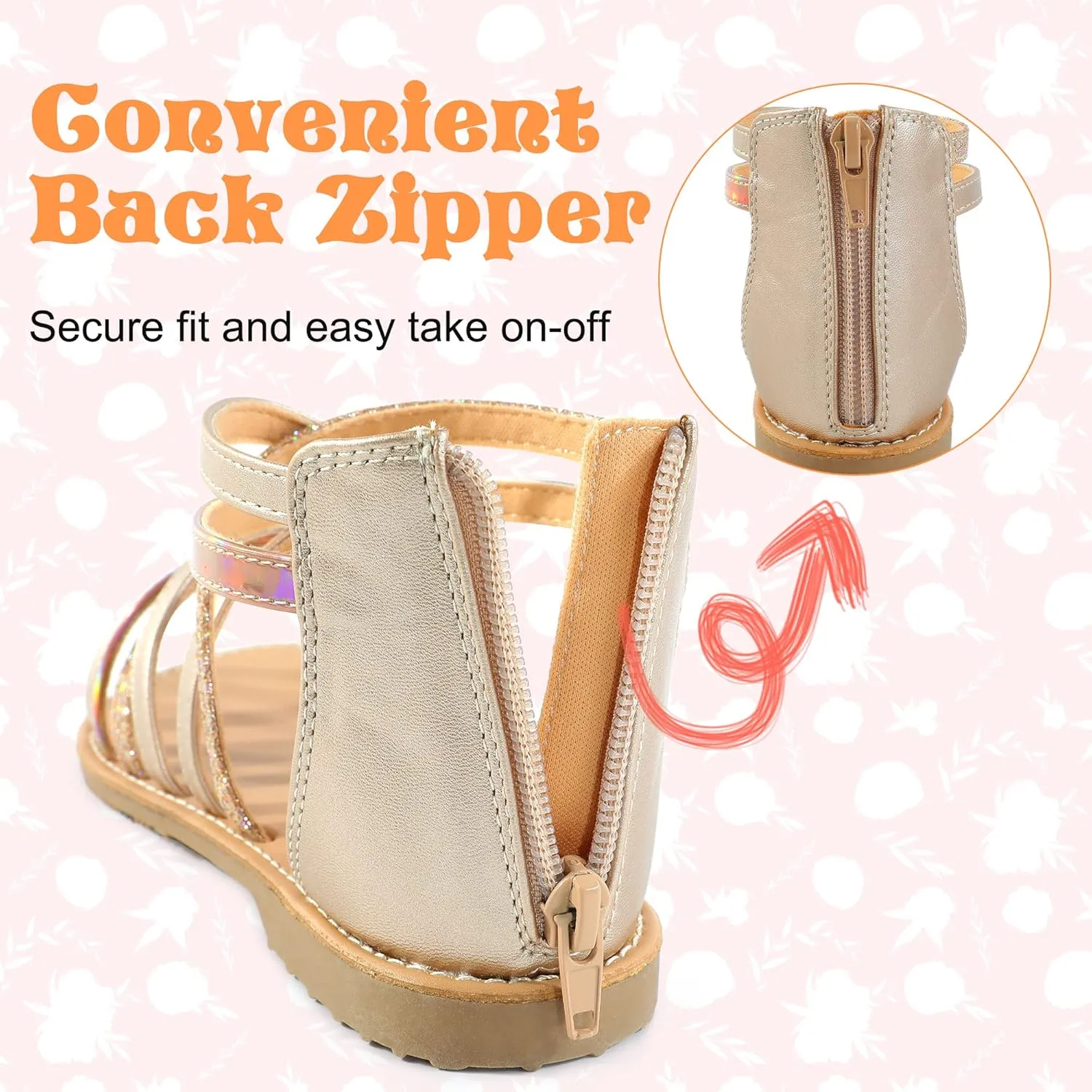 Girls Gladiator Sandals Open Toe Breathable Summer Sandals with Heel Zipper (Little Kid/Big Kid)