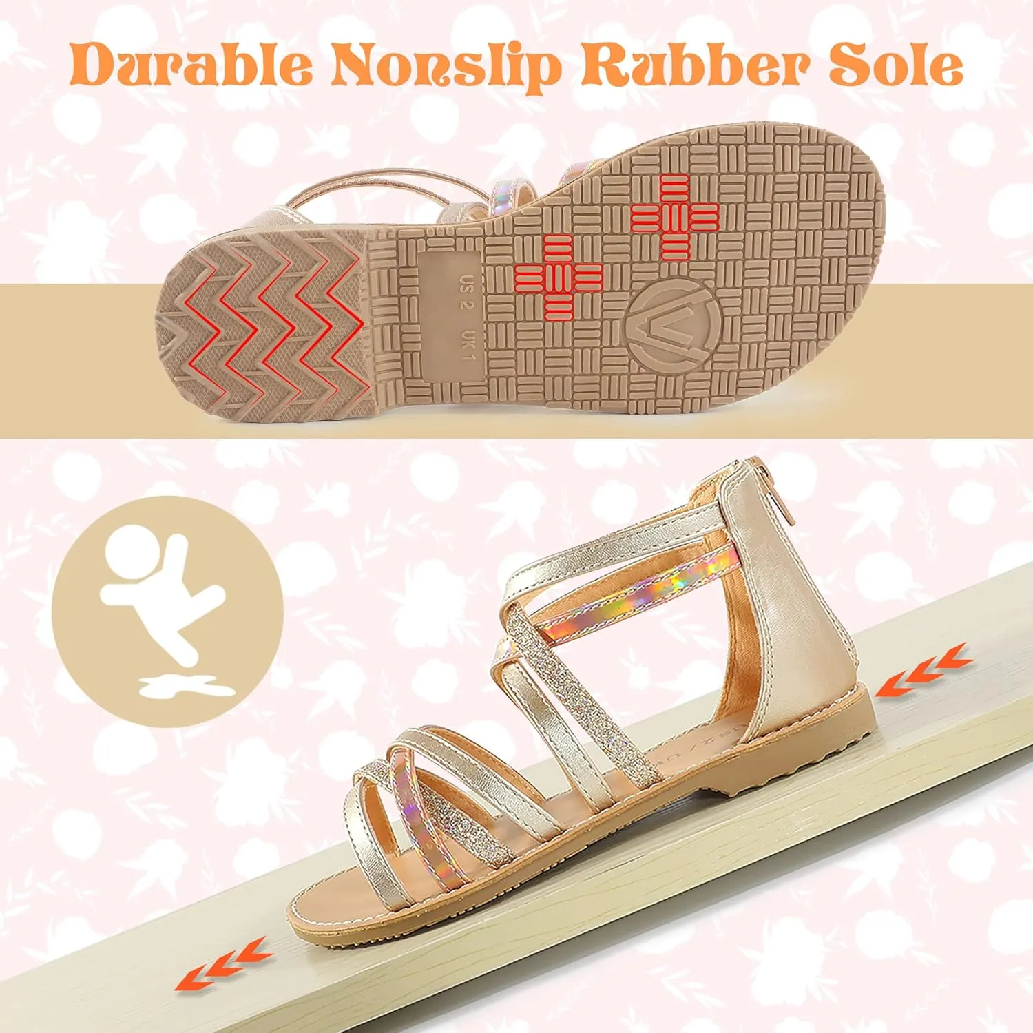 Girls Gladiator Sandals Open Toe Breathable Summer Sandals with Heel Zipper (Little Kid/Big Kid)