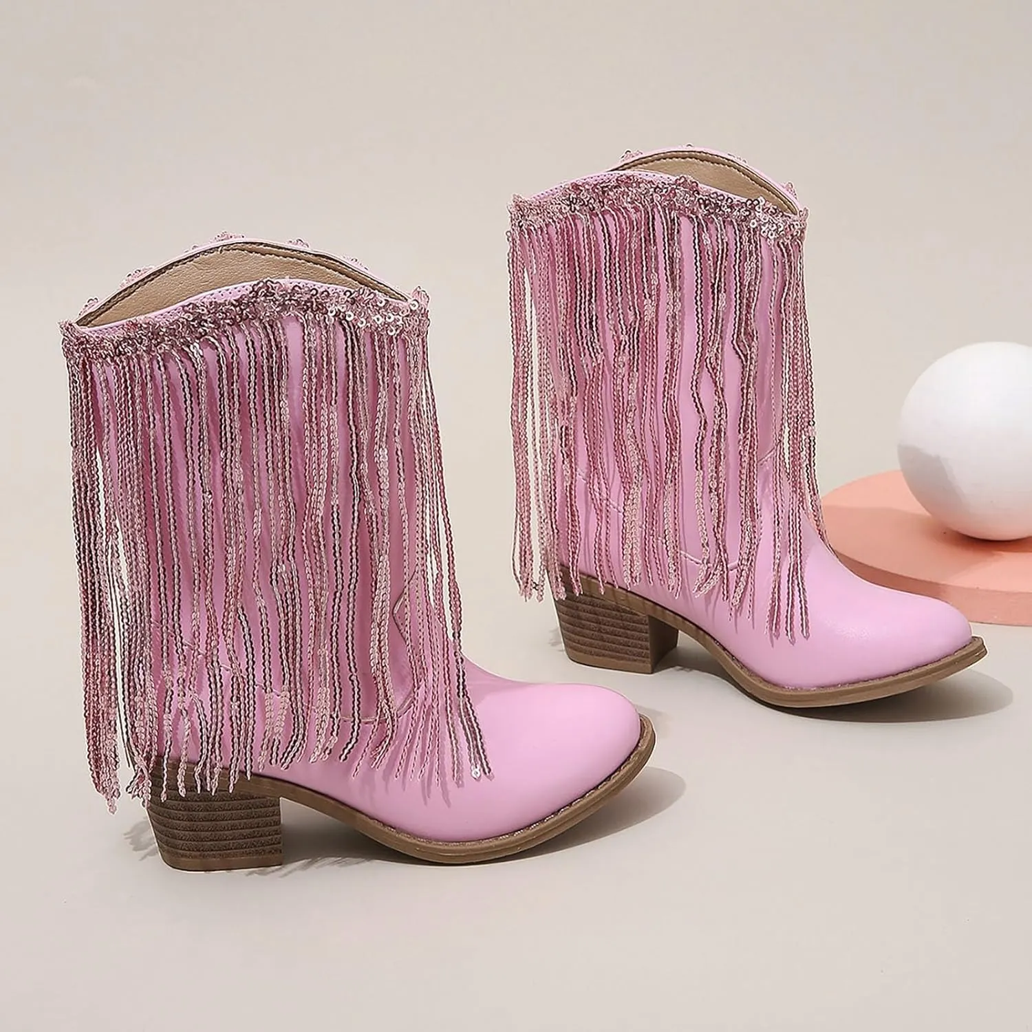 Girls Mid Calf Boots Kids Fashion Tassel Sequin Princess Boots High Heel Fall Boots Slip On Cowgirl Western Boots