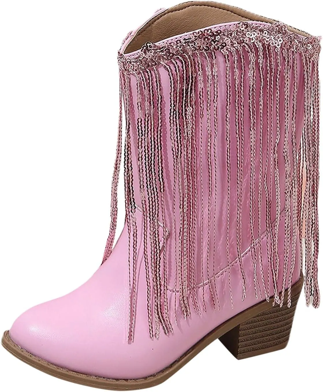 Girls Mid Calf Boots Kids Fashion Tassel Sequin Princess Boots High Heel Fall Boots Slip On Cowgirl Western Boots